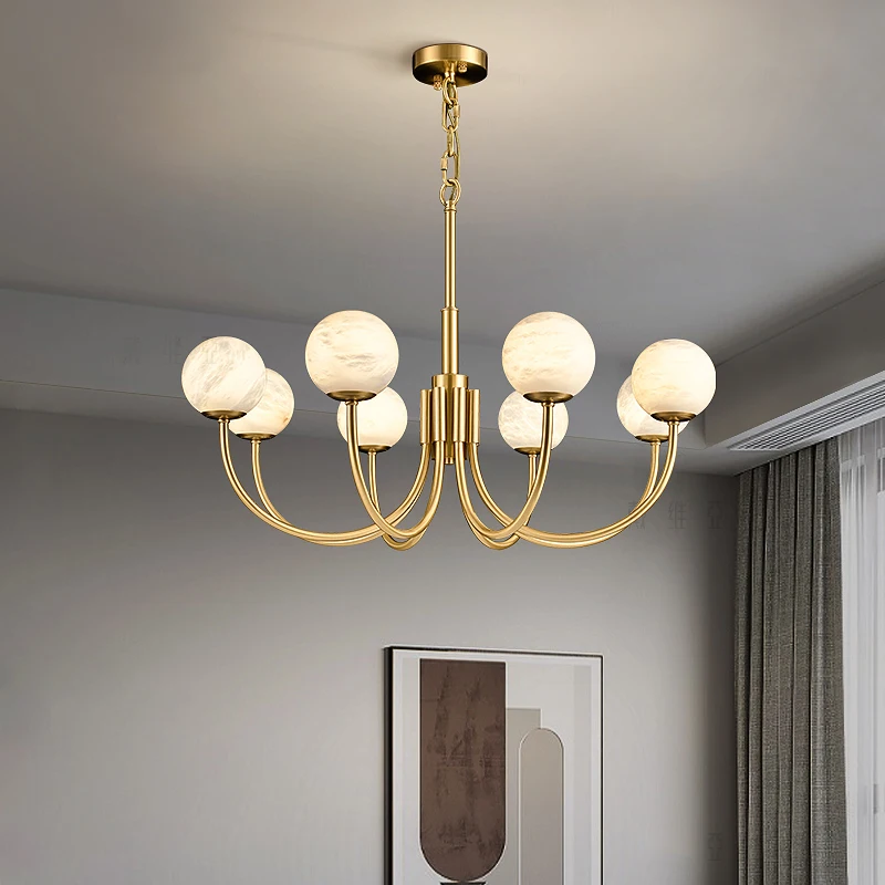 Modern, simple, light luxury, all copper marble, living room, dining room, atmospheric lamps, chandeliers