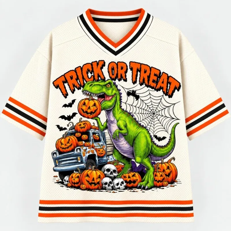 Halloween Mesh V-neck Jersey, Trick or Treat Dinosaur Pumpkin Truck Print Short Sleeved Shirt, Fun Halloween Pattern Top