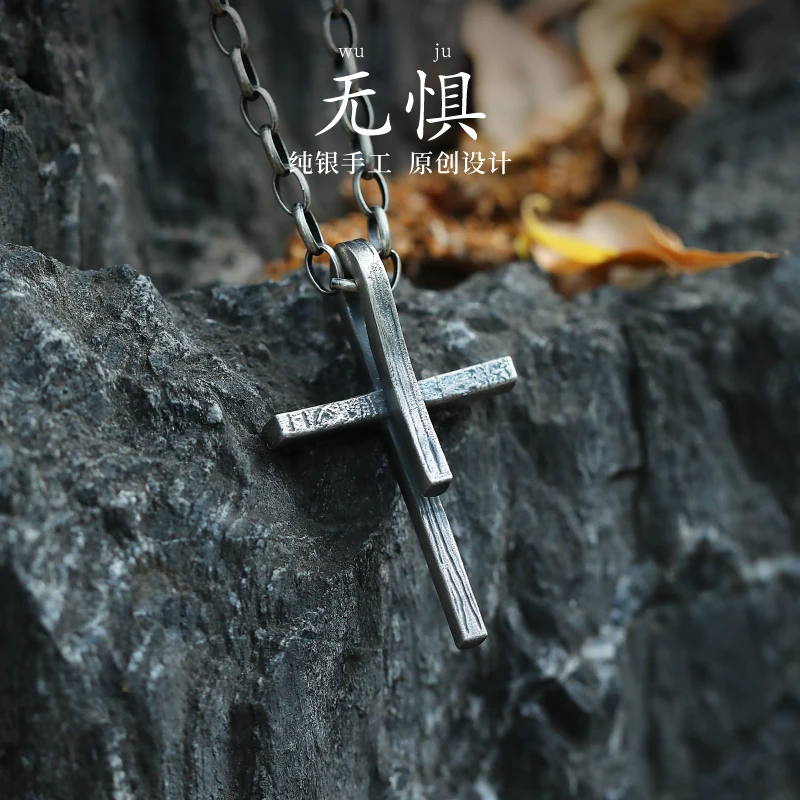 

yyhcSilver Art Original "Cross" Necklace Men's Premium Sense Sterling Silver 999 Men's Designer Pendant Retro Men