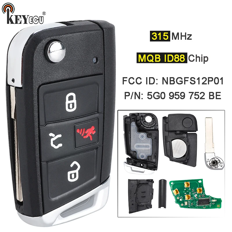 

Чип KEYECU 315 МГц MQB AES ID88 NBGFS12P01 5G0 959 752 BE Flip Remote Key Fob для Volkswagen VW GTI Golf SportWagen E-Golf