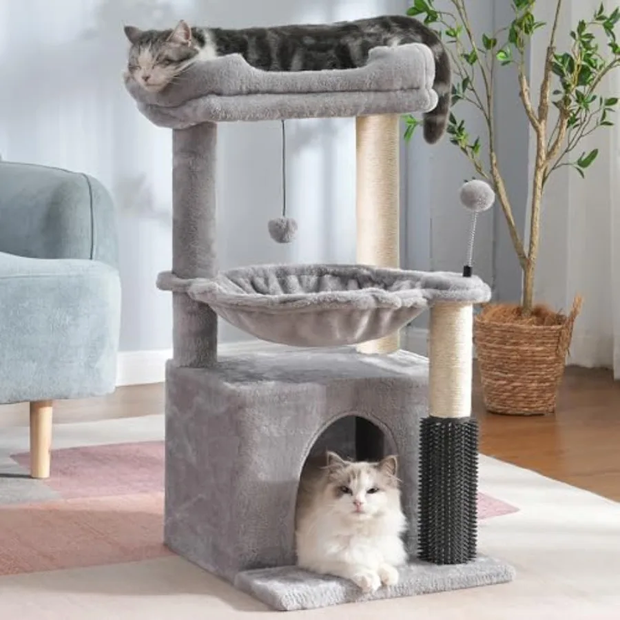 

Cat Tree 32 Inches Small Cat Tower with Large Hammock Dia 15.7"Self Groomer Fully Scratching Post Removable Top Bed and Wide Hi