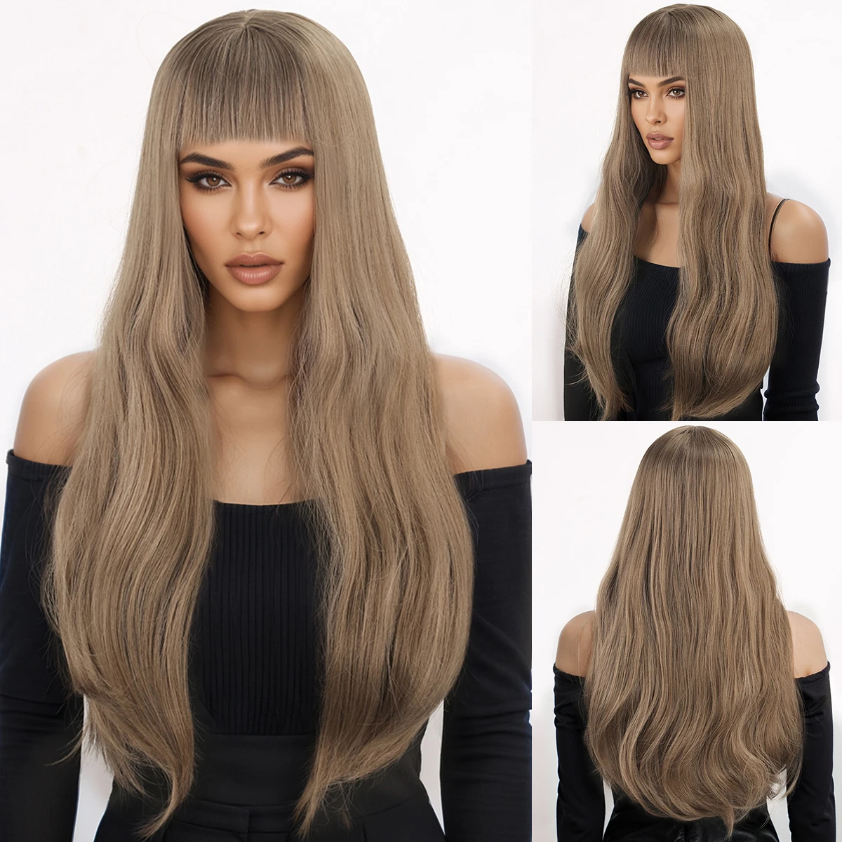 

Women's high-temperature silk bangs wig in European and American style, brown, synthetic fiber wig