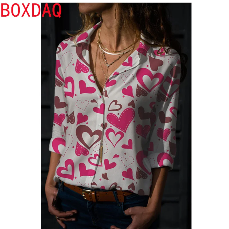 3D Pink Heart-shaped Pattern Print Shirt Valentine's Day Style Tops Fashion Women's Long Sleeve Lapel Casual Loose Shirt Blouse