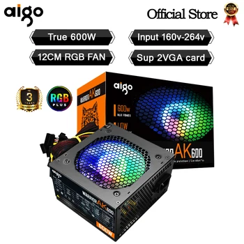 Aigo AK 600W PC PSU 전원 공급 장치, BTC용 데스크탑 컴퓨터 전원 공급 장치, 게임용 저소음 블랙 120mm RGB 선풍기 24 핀 12V ATX