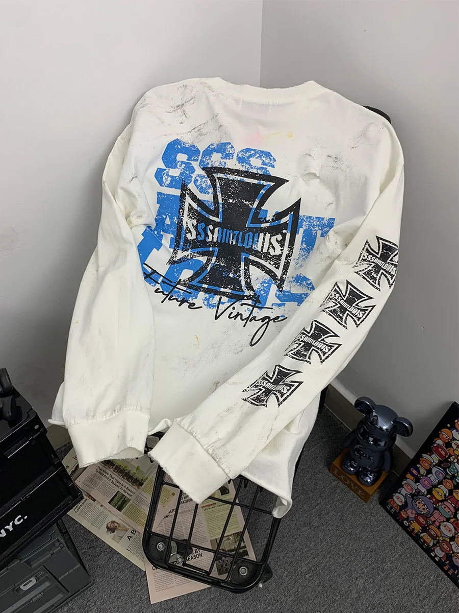 American Style Heavyweight Hoodie Sssaint Louis Cross Print Graffiti Loose Long Sleeve T-Shirt Men's Worn out Cotton Casual Top