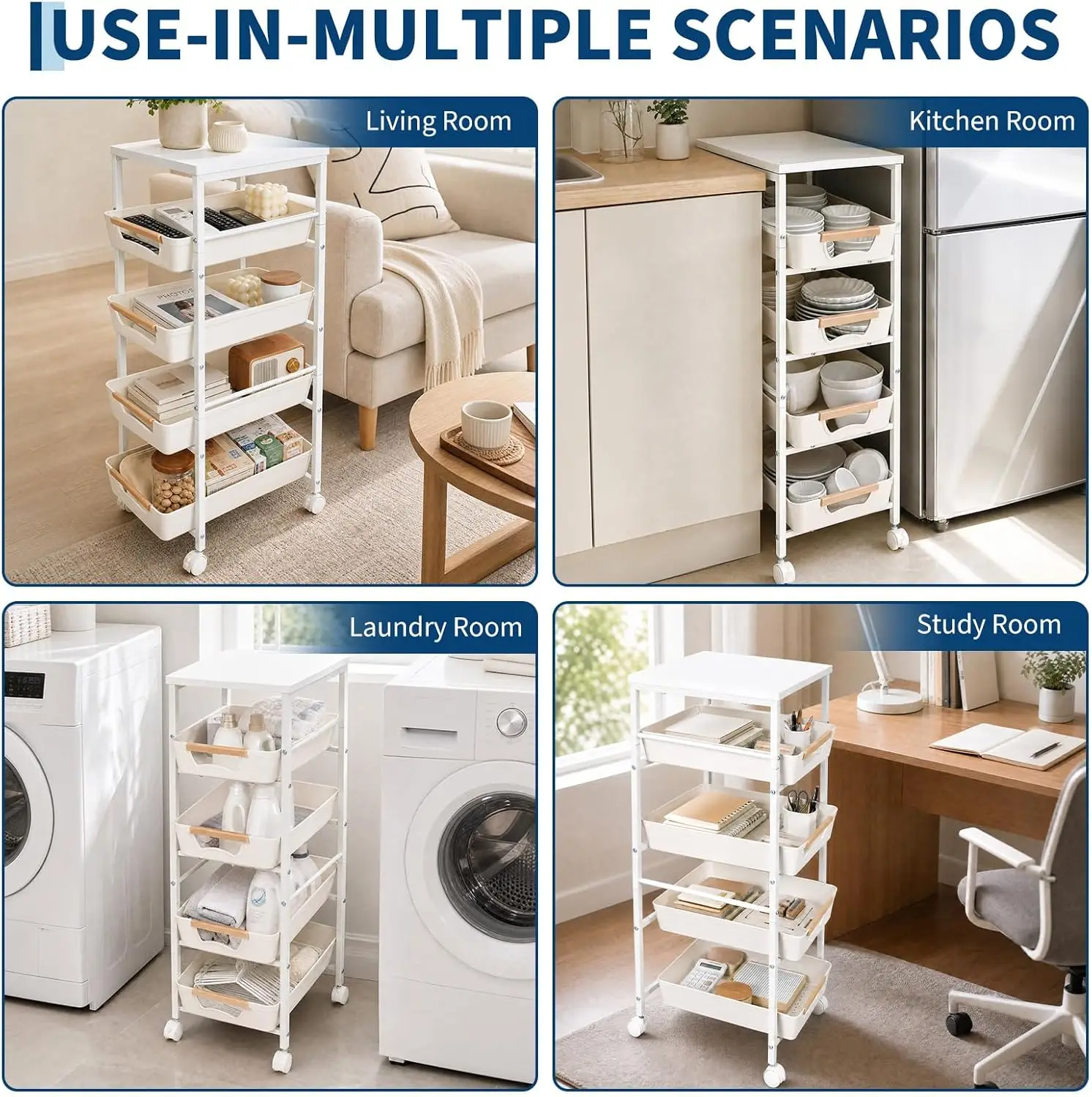 5-Tier Slim Rolling Storage Cart, Narrow Kitchen Cart with Wooden Top and Pull-Out Baskets, Mobile Shelving Unit Organizer for Kitchen, Bathroom, Laundry image 6