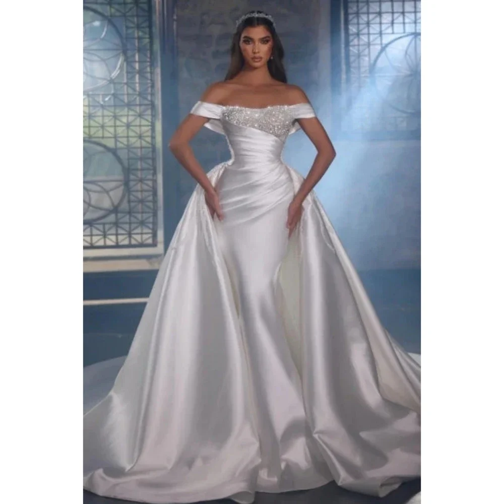 Luxury Mermaid Wedding Dresses Sparkle Beading O Neck Pleat Satin Ball Gowns Detachable Train Formal Bride Beach Party 웨딩드레스