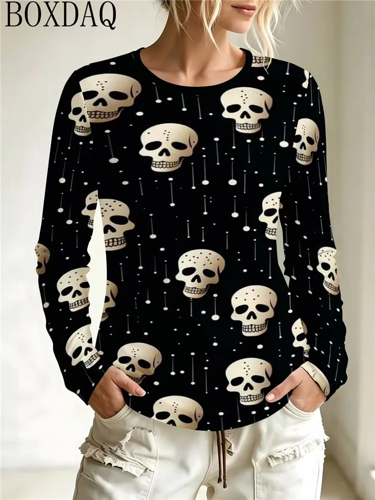 Autumn Gothic Style 3D Skull Print Women's T-Shirt 2026 Fashionable Long Sleeved Round Neck Casual T-Shirts Women's Clothing Top