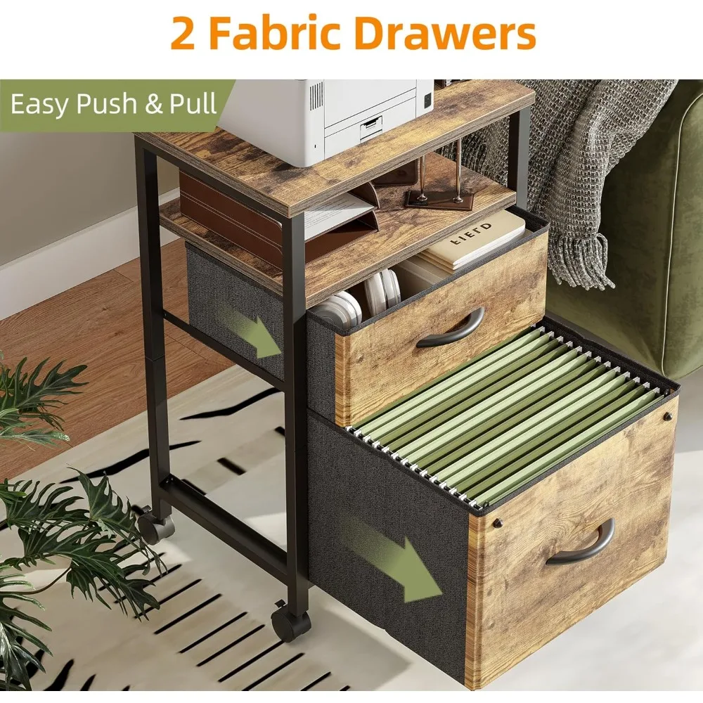 2-Drawer Rolling File Cabinet with Open Shelf, Mobile Printer Stand for Home Office Storage, Brown