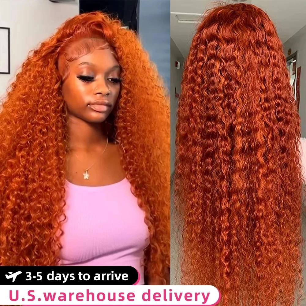 

Orange colored Water wave 13x6 hd lace frontal human hair wig Preplucked deep wave 30 inch ginger lace front curly wigs on sale