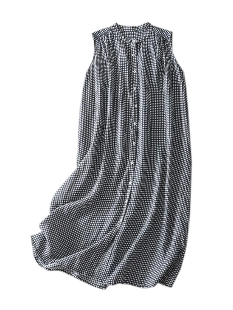 Casual Cotton Linen Vest Dr Women Summer Slimming Loose Age-defng Svel irt Dr Thin Floral Stand Collar Mid-le...