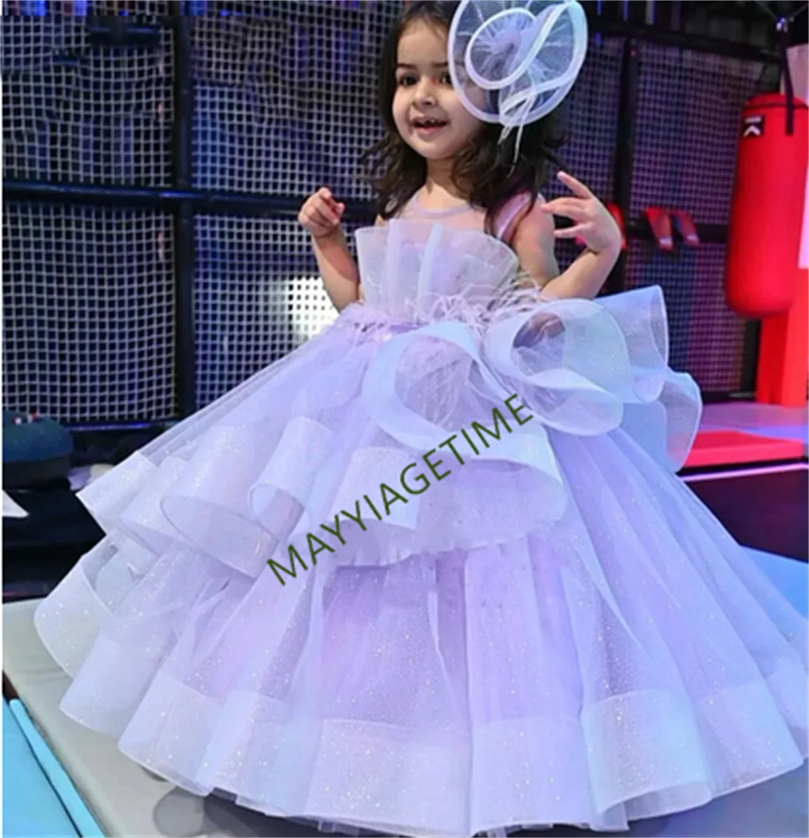 New Lilac Flower Girl Dress for Wedding with Glitter Tulle Princess Ball Gown Girls First Communion Dress Prom Gown