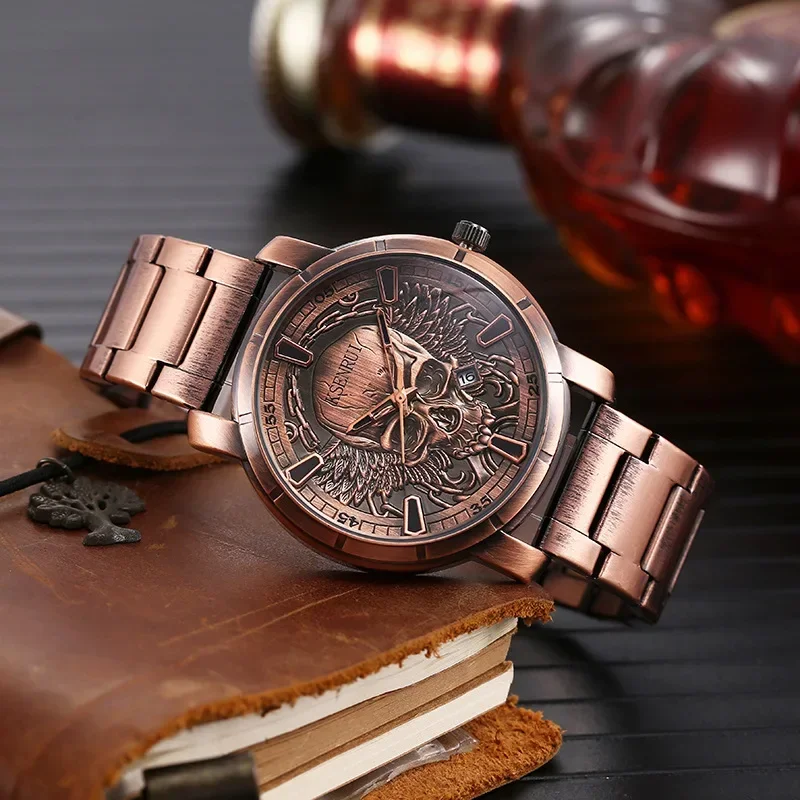 reloj hombre Men Bronze Stainless Steel Watch Luxury Quartz WristWatch Retro Skull Watches Simple Men's Gift Clock montre homme