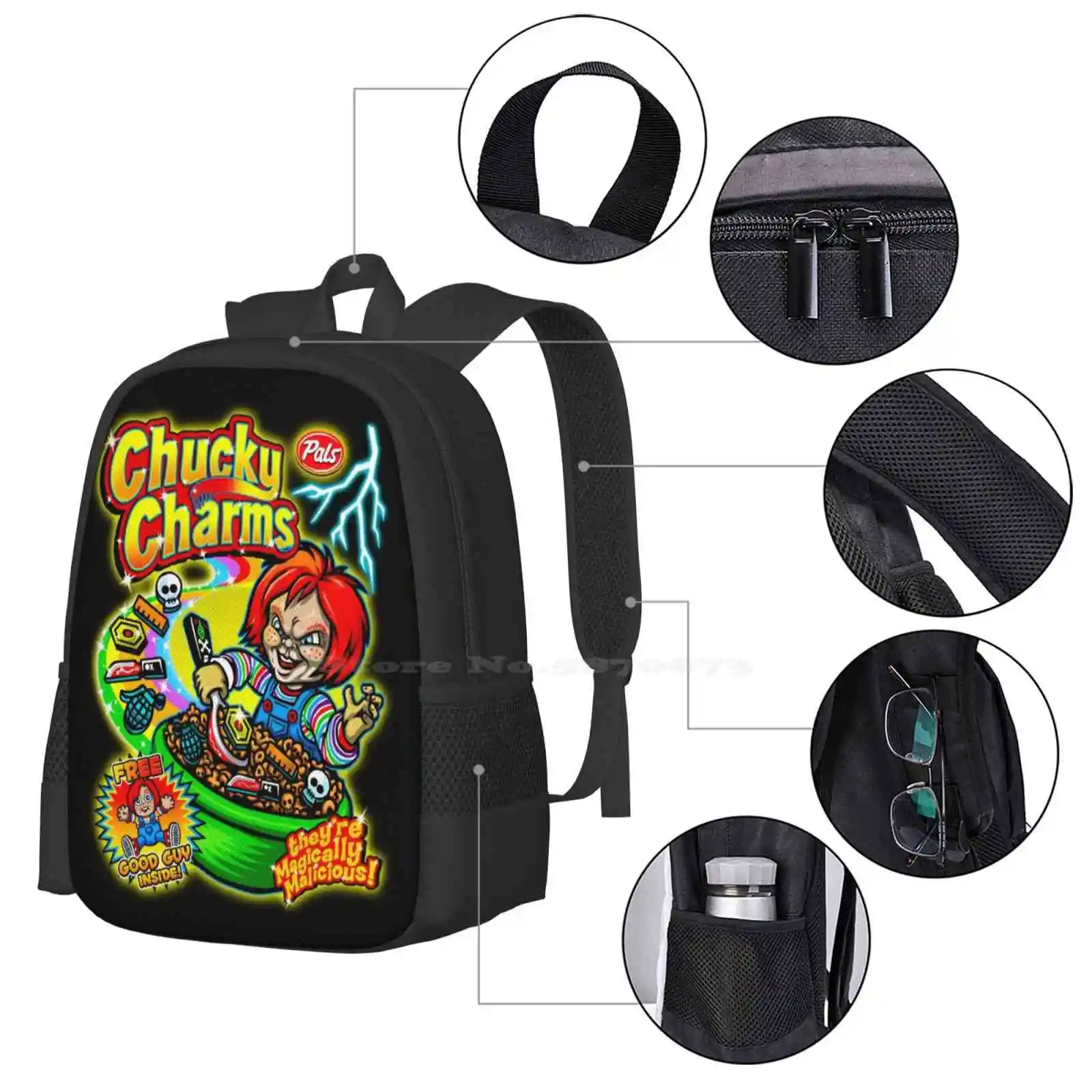 Chucky Charms Horror Cereal Parody Hot Sale Schoolbag Backpack Fashion Bags Childs Play Halloween Lucky Charms Cereal Box