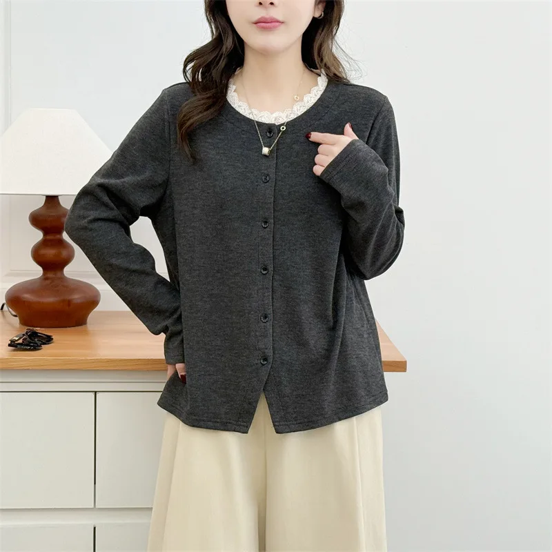 

XXXXL Fashion Plus Size Woman Clothing T-Shirt Spring 2026 Lace Collar Long Sleeved Simple Tops 380