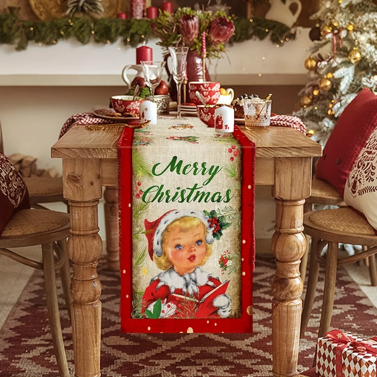 Christmas Table Runner - Vintage Christmas Table Runner, Santa Claus