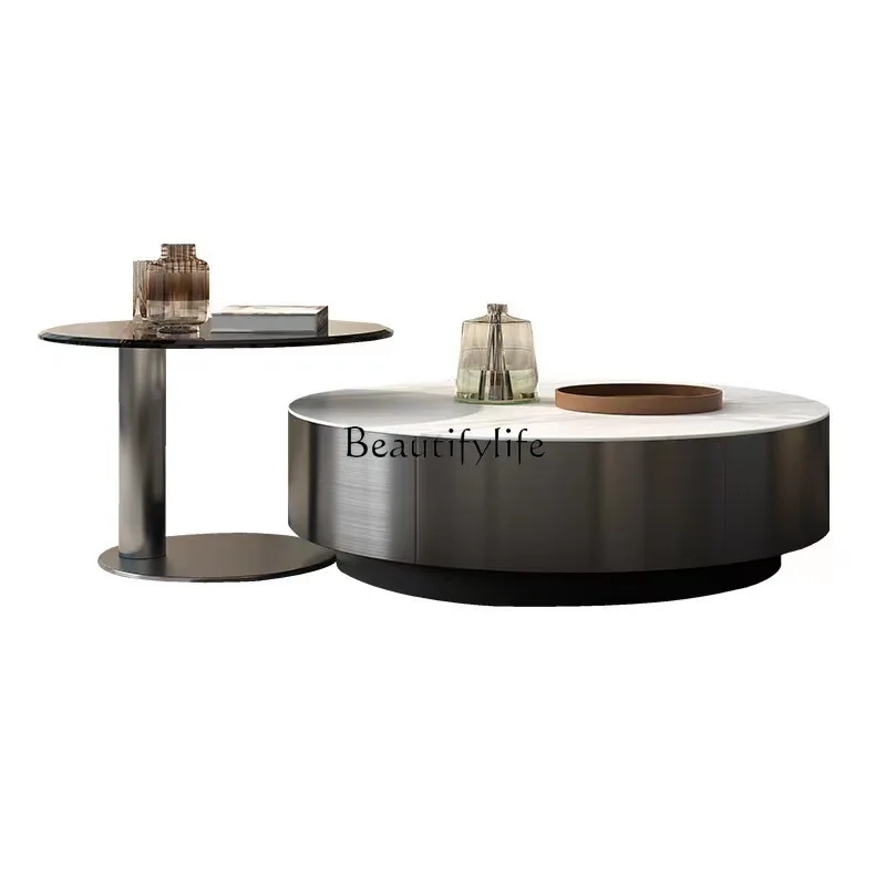 Light luxury Italian bright stainless steel coffee table designer rock slab glass round coffee table