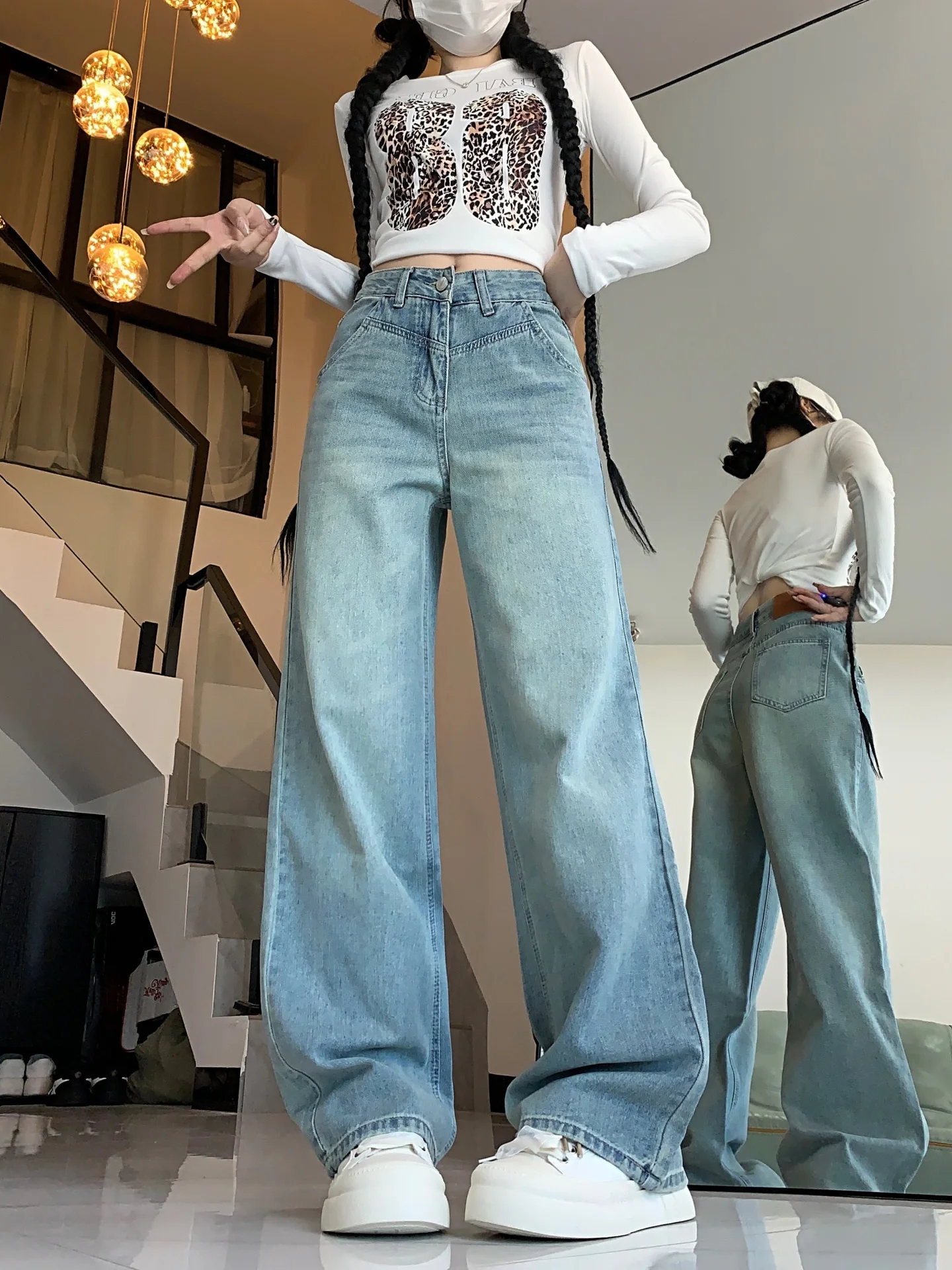 

High Waist Wide Leg American Sle Denim Jeans Women's Straight Loose Slimming Pants Casual Wear Autumn Season Ladies