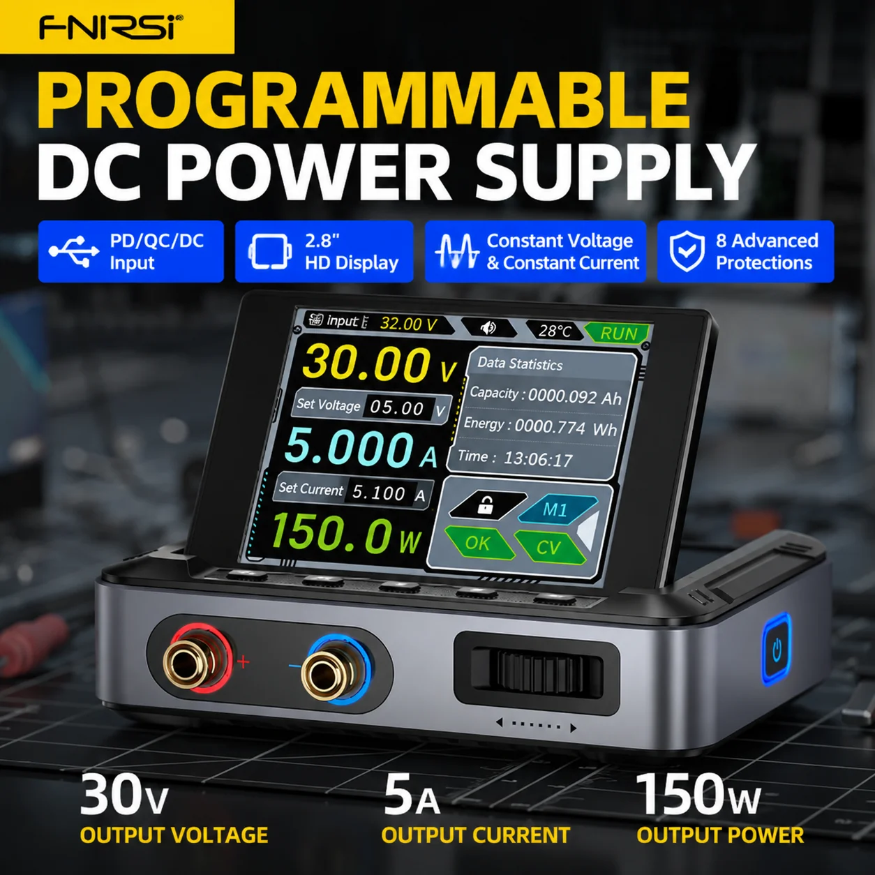 FNIRSI DPS-150 Programmierbares CNC DC-Schaltnetzteil 30V 5A 150W 100mA-5A Einstellbarer Spannungsregler Labor-Tischnetzteil Tragbar