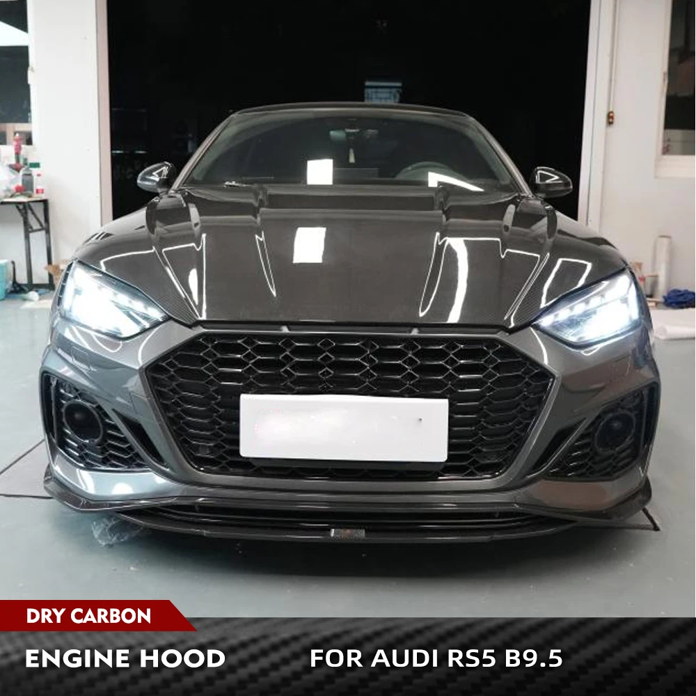 

Для Audi RS5 B9.5 2020-2024 сухой карбоновый передний бампер автомобиля, капот двигателя, передний капот двигателя, гоночные обвесы