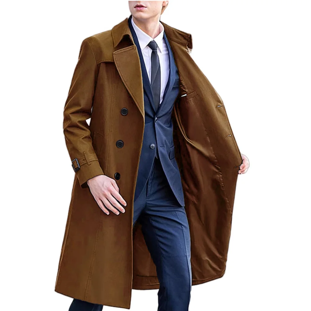 Men\\\'s Long Sleeve Trench Coat Double Breasted Windbreaker Overcoat with Lapel Collar Solid Color for Casual Outdoor Use
