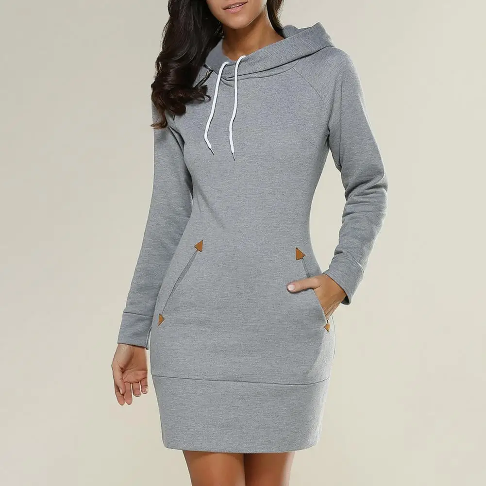 

2023 Spring And Autumn Ladies Knee-Length Dress Hooded Warm Sweatshirt Long Sleeve Camp Collar Pocket Simple Casual Sports Dress