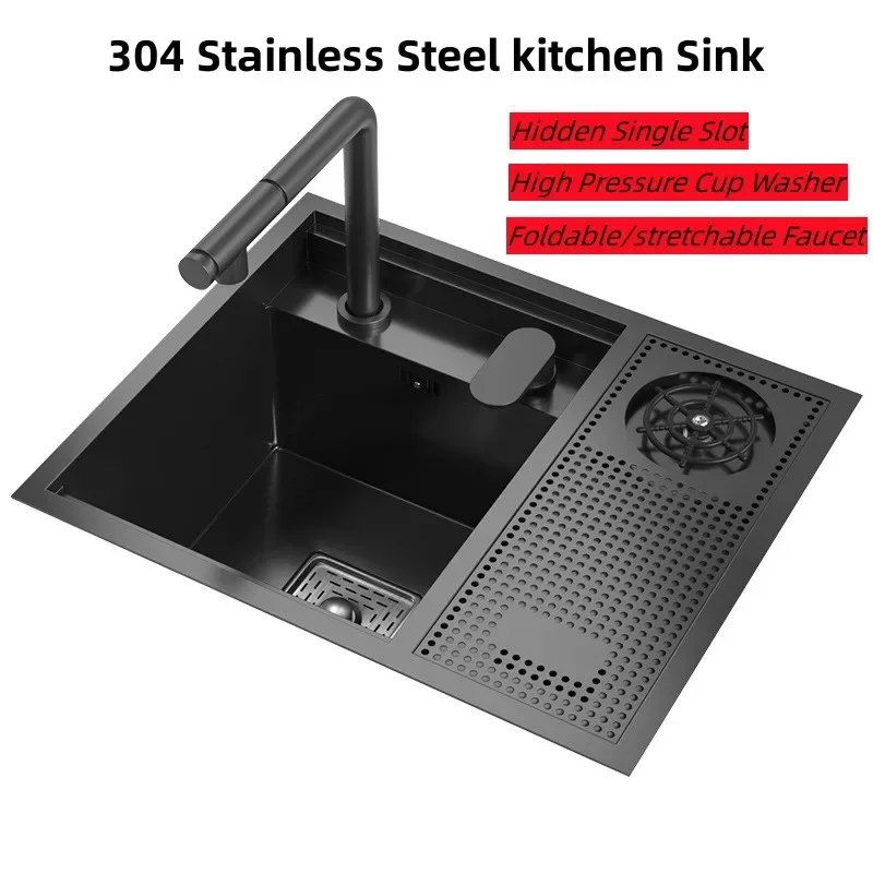 55CMX45CM Kitchen Sink Nano 304 Stainless Steel Vegetable Wash Basin Single Sink Wash Basin Sink Adjustable Folding Faucet