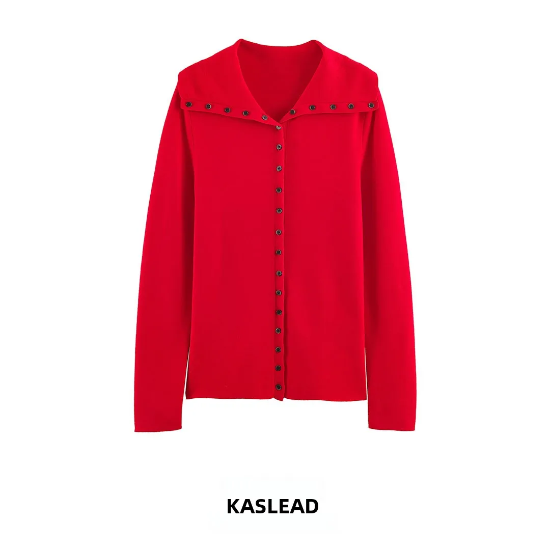 KASLEAD Women's Knitted Jacket with Buttons High-End Feeling Windproof Long Sleeve Polyester Fiber Open Cardigan Style