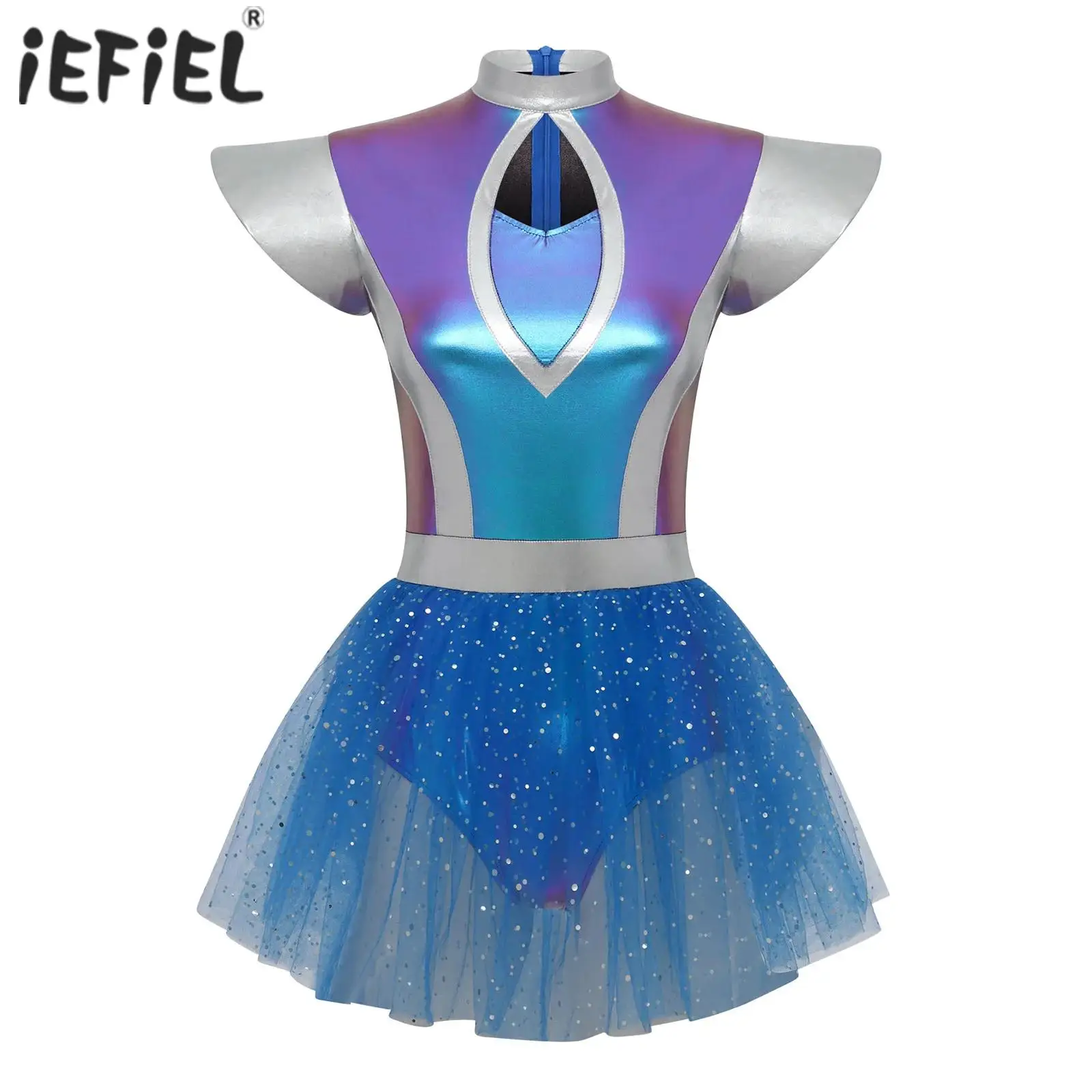 

Women Alien Outer Space Astronaut Cosplay Dress Hollow Out Metallic Shiny Tulle Robot Dress Halloween Space Themed Party Costume