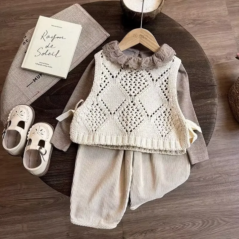 Bellbell Herbst-Strickpullover-Set für Mädchen, 3-teilig, 2-8 Jahre, Unterhemd + Strickweste + Hose, Outfit für Kleinkinder und Babys – Detail 4
