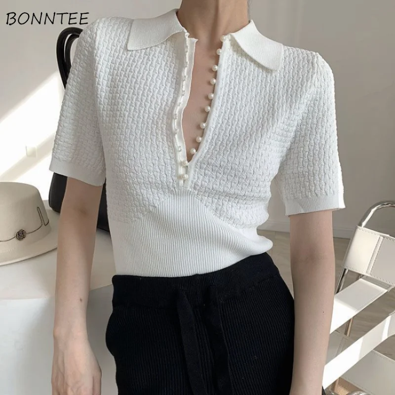 Knitted T-shirts for Women Solid Slim Fit Casual Cozy Beading Design Summer Short-sleeve All-match Korean Style Fashion Newly