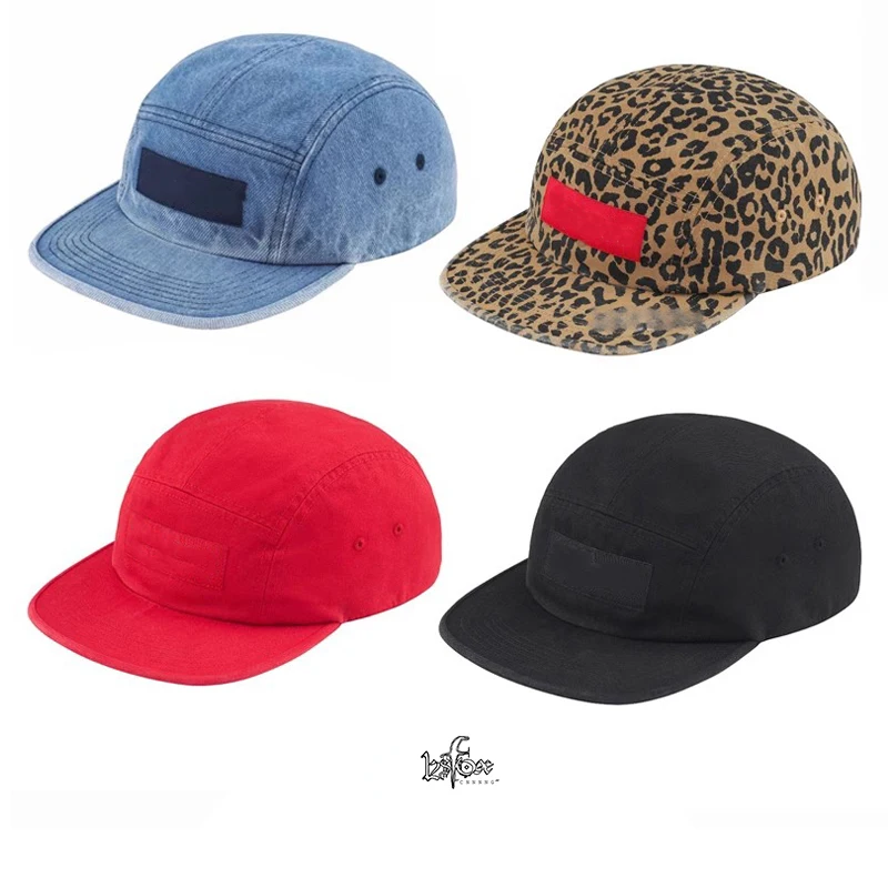 Trendy 23FW Washed Chino Twill Camp Cap Baseball Hat Flat Brim Cowboy Leopard Print Leather Buckle Unisex Cotton Hat