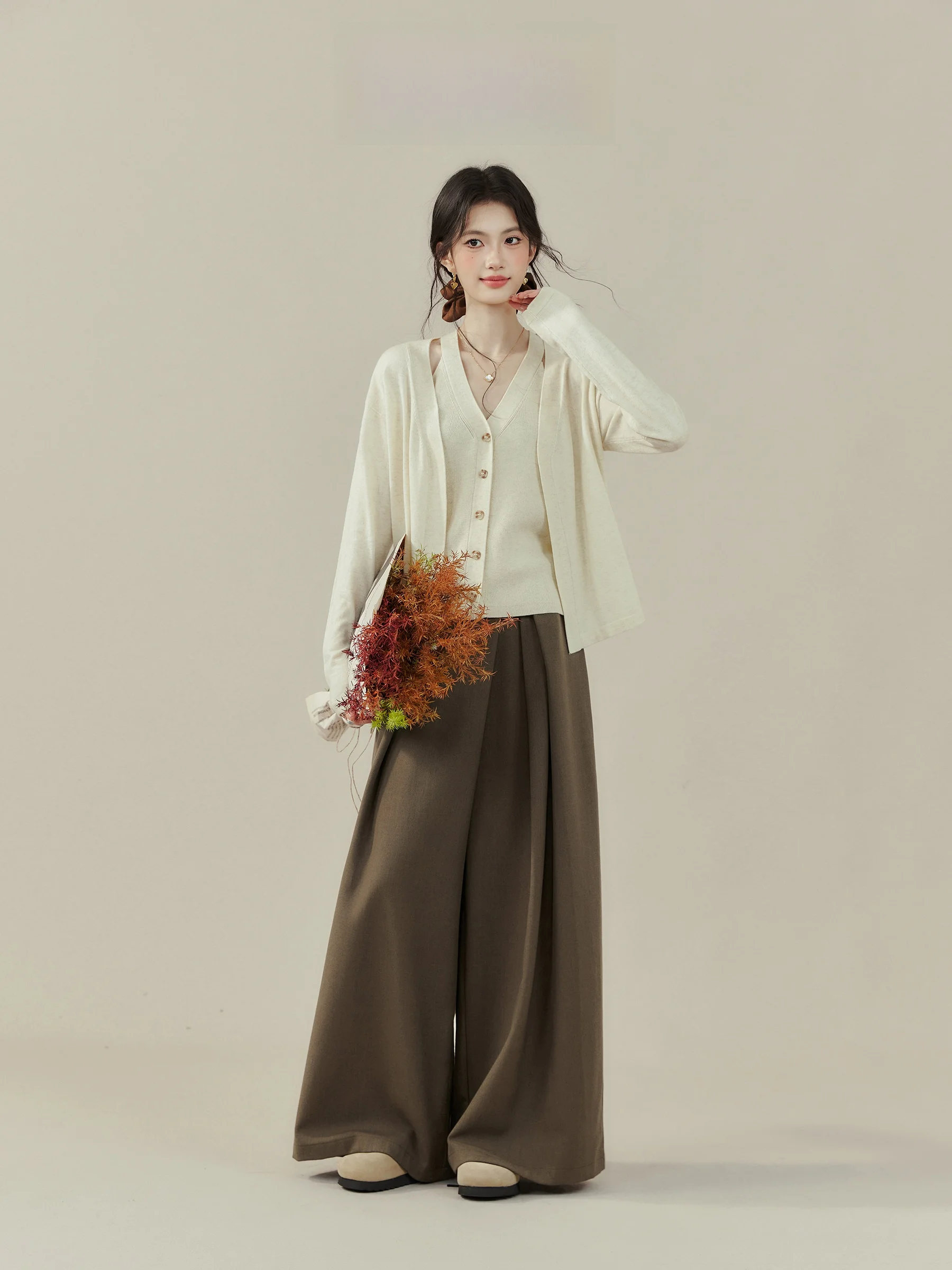 Lose Hohe Taille Breite Bein Casual Hosen frauen Herbst Kaffee Farbe Nicht Passenden Ele Gerade Rohr Hosen