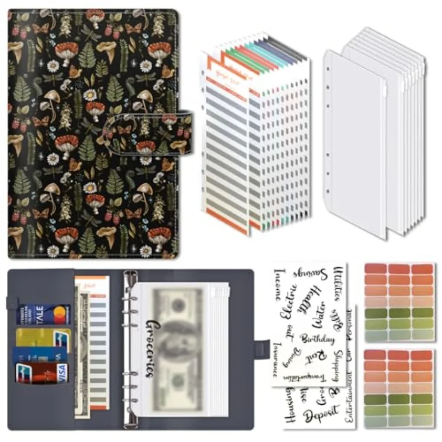 Budget Binder, Cute A6 Money Saving Binder with Zipper Envelopes, PU Leather Money Organizer for Cash, Expense Budget Sheets an