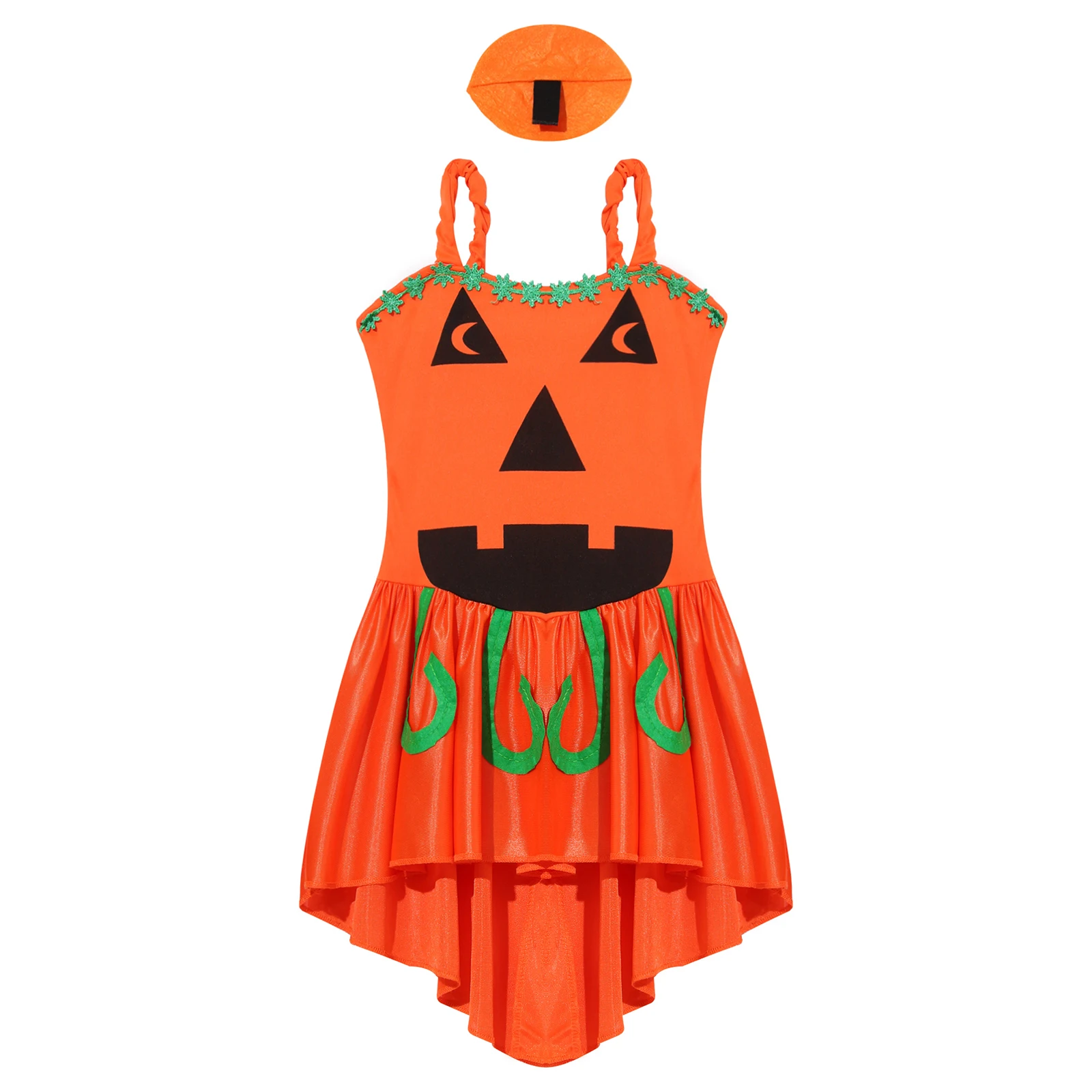 Kids Girls Halloween Pumpkin Witch Cosplay Costume Sleeveless Specter Print Cami Dress with Hairpin Theme Party Roleplay Clothes