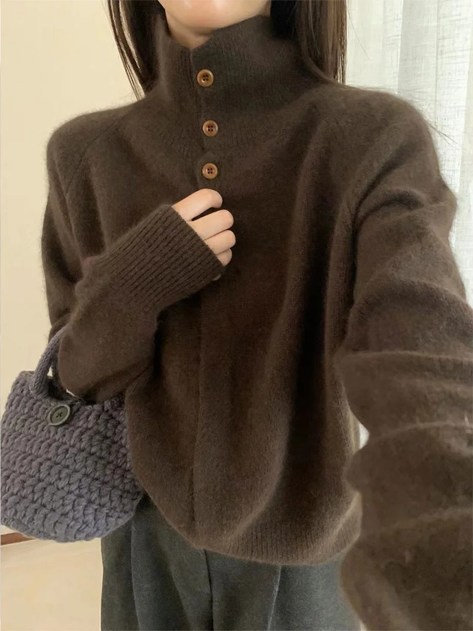 

High Collar Open Cardigan Sweater Women's Autumn Winter Loose Knitted Outerwear Thickened Casual Style Long Sleeve Top