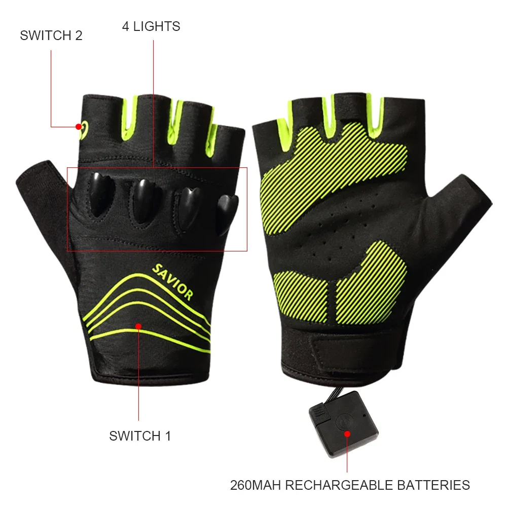 Savior Outdoor Sports Cycling Gloves Half Finger LED Gloves Nightview Rechargeable Flashlight Luminous Breathable Summer Spring