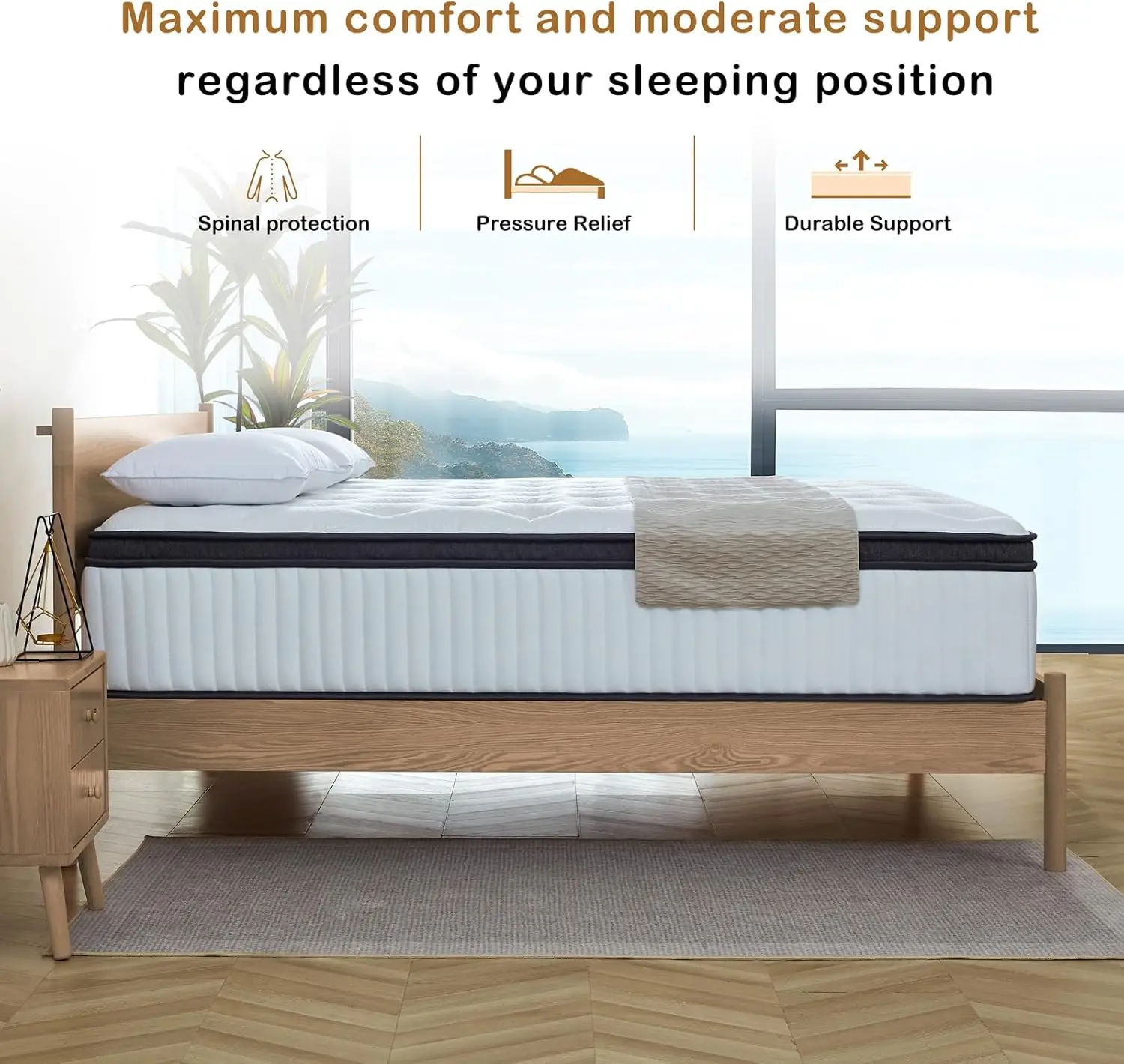 Matelas hybride à ressorts intérieurs Queen, 14 ", 60" x 80 "x 14", mousse à mémoire de forme en gel, support optimiste moyen, boîte