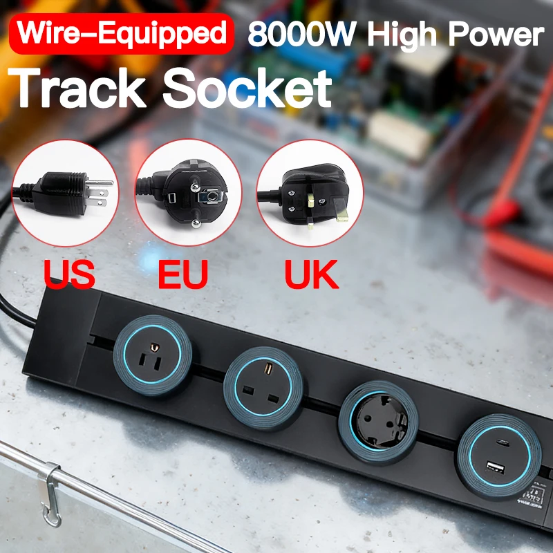 US EU UK Standard Power Track Socket, 40cm 50cm Lengths, Grey/Black Wall Socket with USB-C, Office Electric Adapters