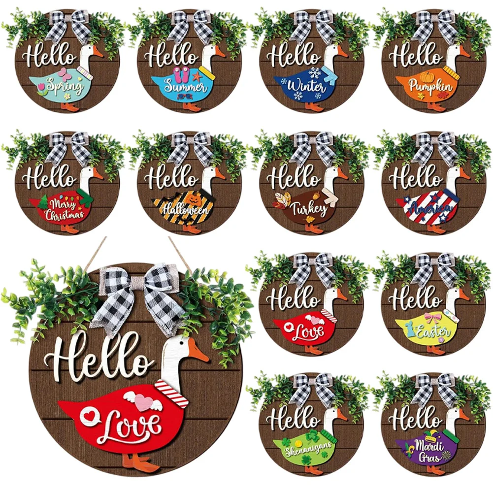 30cm Wooden Goose Welcome Wreath with 13 Interchangeable Pieces For Rustic Farmhouse Door Decor for All Seasons