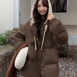 Short Puffer Coats Hooded Jackets for Women Korean Fashion Down Jacket Hat Tie Color Blocking Bread Clothe Casual Coats Down