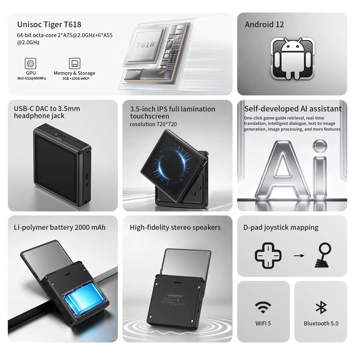 ANBERNIC RG Rotate Handheld Game Console 3.5 Inch Square IPS Screen T618 Android Retro Gaming Player Portable Video Ga