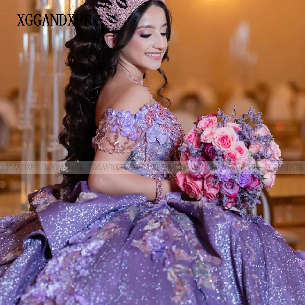 Luxury Purple Sweetheart Quinceanera Dresses 2024 Beads 3D Floral Applique Lace With Cape Sweet 15 Birthday Party Ball Gowns