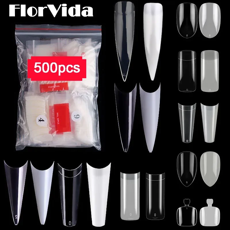 

500 Tips Kit Bagged Fake False Nails Full Half French Acrylic ABS For Manicure Fingers Toes Set C Smile Sharp 10 Sizes