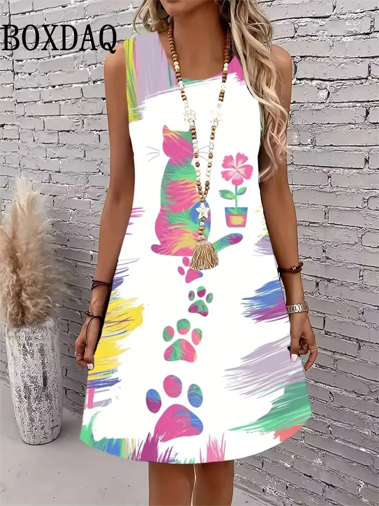 2026 Damenkleid Sommer Mode Abstraktes Katzenmuster Ärmelloses Kleid Lockeres Sommerkleid Lässiges Graffiti 3D-Druck Übergrößen-Kleid