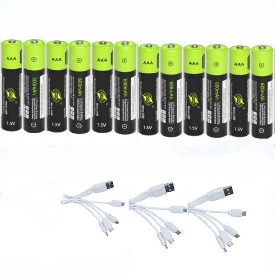 12PCS New ZNTER 1.5V 600mAh AAA Rechargeable Battery USB Rechargeable Lithium Polymer Battery with Micro USB Cable Fast Charge