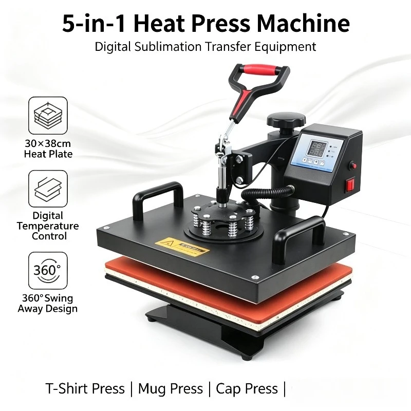 5 in 1 Swing Away Heat Press Machine, Multi-function Sublimation Heat Transfer Machine Combo for T-shirt DIY Printing