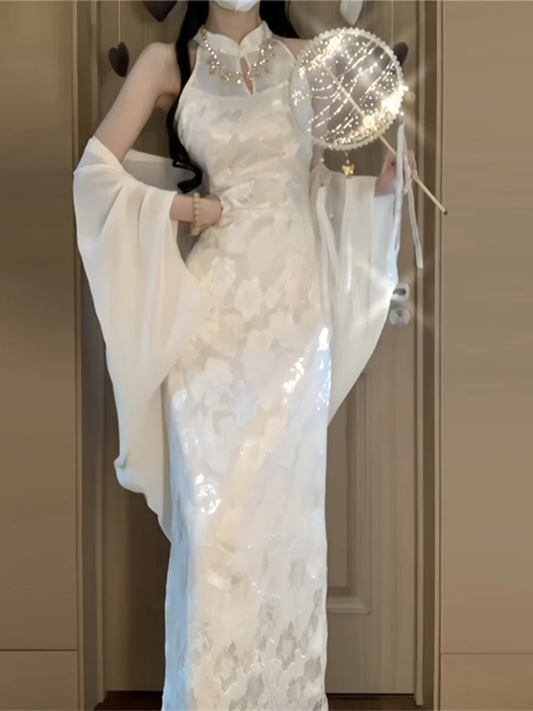 

New Chinese Style Women's Gown Elegant Retro Qipao Dress Spring Summer Long Sleeveless round Neck Two-Piece Set