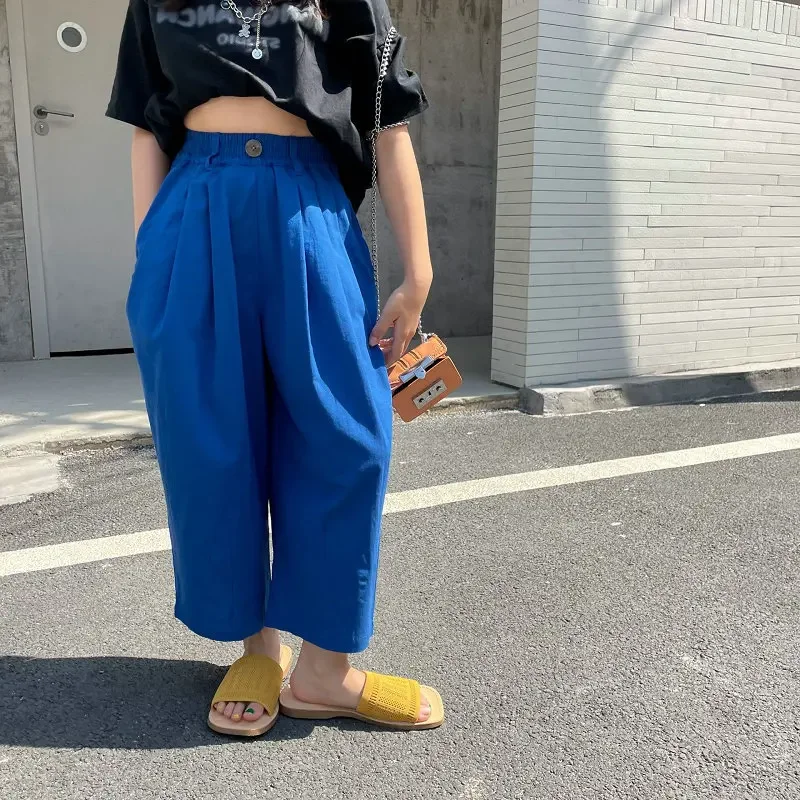 Wide Leg Pants 2024 Elastic Waist Ankle Length Loose Straight Solid Simple Fashion Casual Comfortable Autumn Children Girls