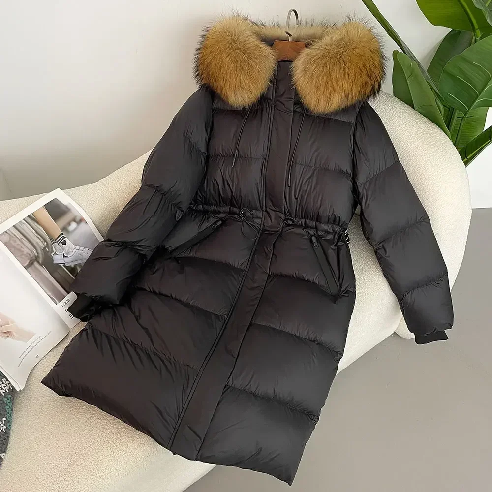 Real Fox Fur Real Raccoon Fur Long Hooded Coat Women Slim Warm Jacket Female 2024 Winter New White Duck DownCasual Fashion